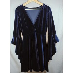 Navy‎ Blue Holiday party Velvet Bell Sleeve Skater Dress Womens Small Witchy